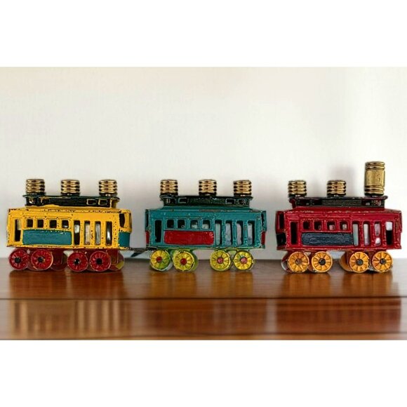 Vintage Kids Menorah Street Cars Train Hanukkah Judaica Trolley Cast Iron Brass - Picture 1 of 12